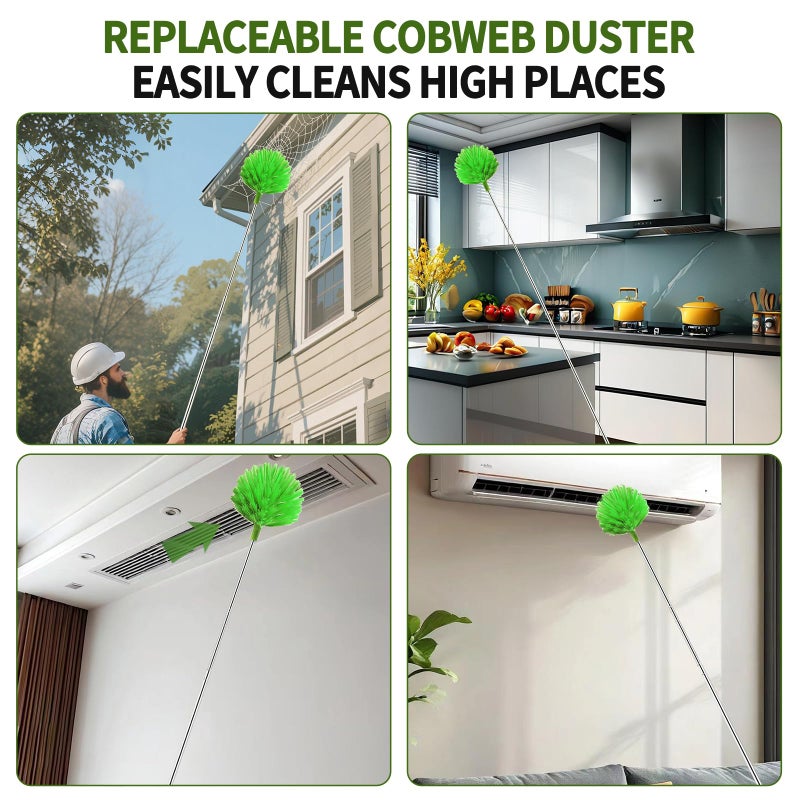 FAMYLI Cobweb Duster with Extension Pole, Washable Cleaning Duster Set with 2 Duster Heads, Corner Brush, 15-110-Inch Telescoping Pole for high Ceiling Fans, Long Duster for high Ceilingsï¼ŒSpider Web Brush - Image 3