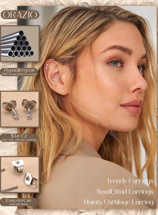 ORAZIO 6 Pairs Tiny 2mm Stainless Steel Stud Earrings For Mens Womens CZ Round Ball Earrings Set - Image 2