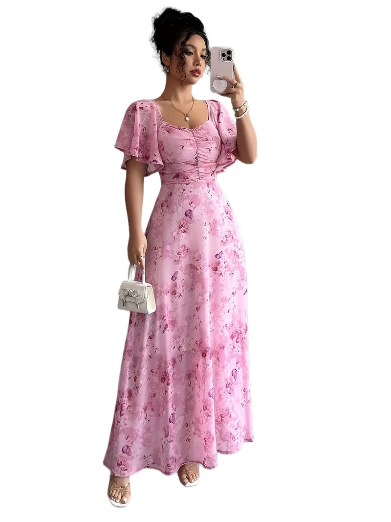 Women's Chiffon Butterfly Pattern Batwing Sleeve Drawstring Sweet French-Style Mini Dress, Summer Women's Elegant Dress, Women's Autumn\u002FWinter Dress, Autumn Fashion Trend, Women's Au... - Image 1