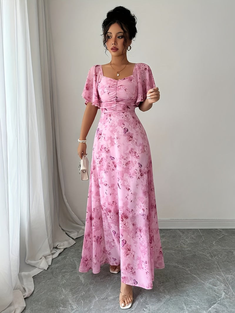 Women's Chiffon Butterfly Pattern Batwing Sleeve Drawstring Sweet French-Style Mini Dress, Summer Women's Elegant Dress, Women's Autumn\u002FWinter Dress, Autumn Fashion Trend, Women's Au... - Image 4