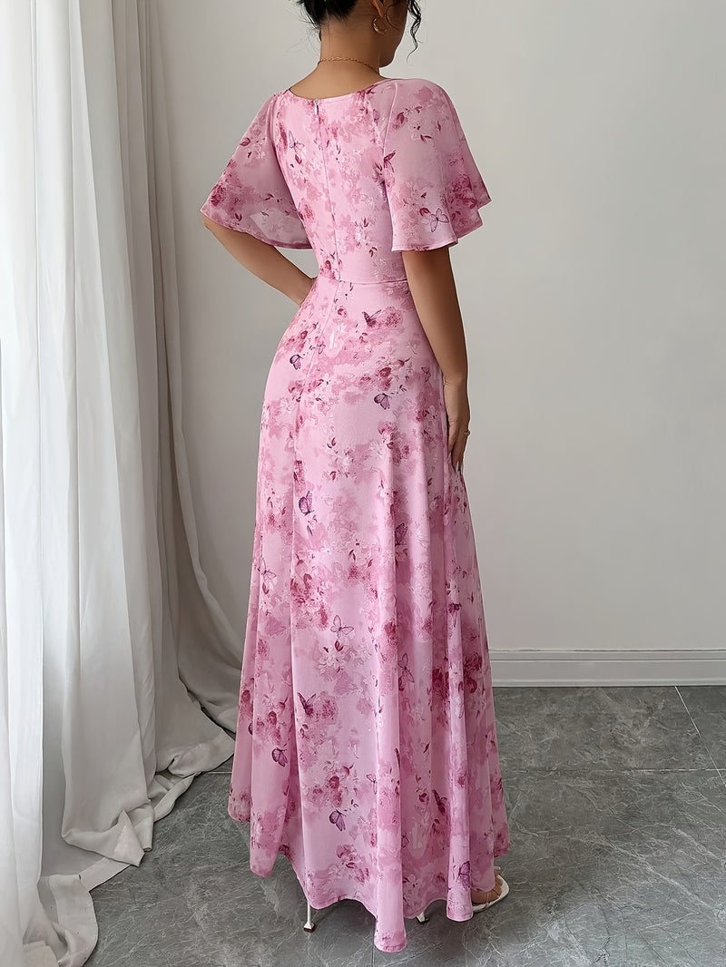 Women's Chiffon Butterfly Pattern Batwing Sleeve Drawstring Sweet French-Style Mini Dress, Summer Women's Elegant Dress, Women's Autumn\u002FWinter Dress, Autumn Fashion Trend, Women's Au... - Image 2
