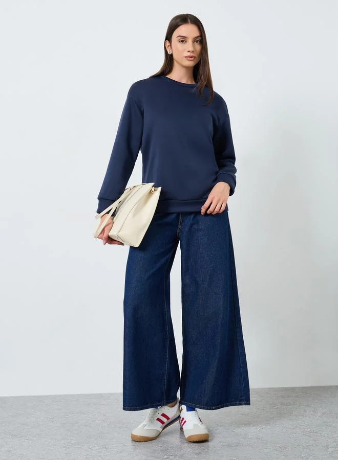 Styli Navy Blue Sweatshirt with Ribbon Tie
