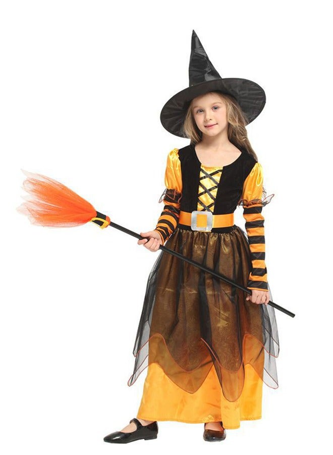 CityRiya-Long Witch Halloween Costume for Girls Witch Dress with Broom Hat, Witch Dress Halloween Costumes Girls, Long Sorceress Dress, Kids Witch Costume Set Wizard Role Play for Height 110-120cm - Image 1