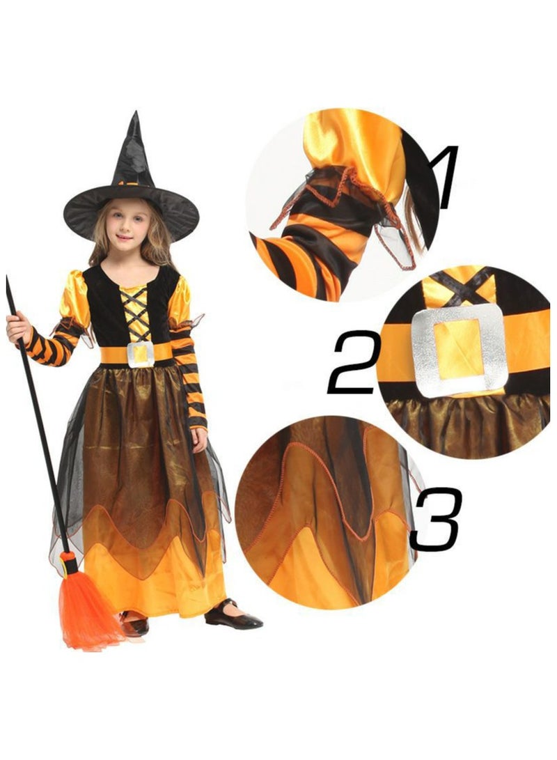CityRiya-Long Witch Halloween Costume for Girls Witch Dress with Broom Hat, Witch Dress Halloween Costumes Girls, Long Sorceress Dress, Kids Witch Costume Set Wizard Role Play for Height 110-120cm - Image 4