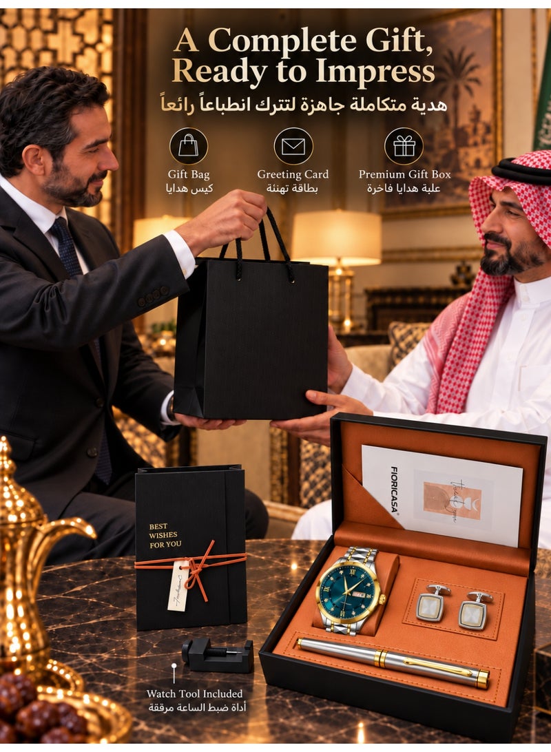 فوريكاسا فلوريكاسا طقم هدايا ساعة رجالي مع أزرار أكمام وقلم، صندوق هدايا فاخر مع كيس هدايا وبطاقة تهنئة، هدية فاخرة للرجال للمناسبات وأعياد الميلاد والعيد - Image 2