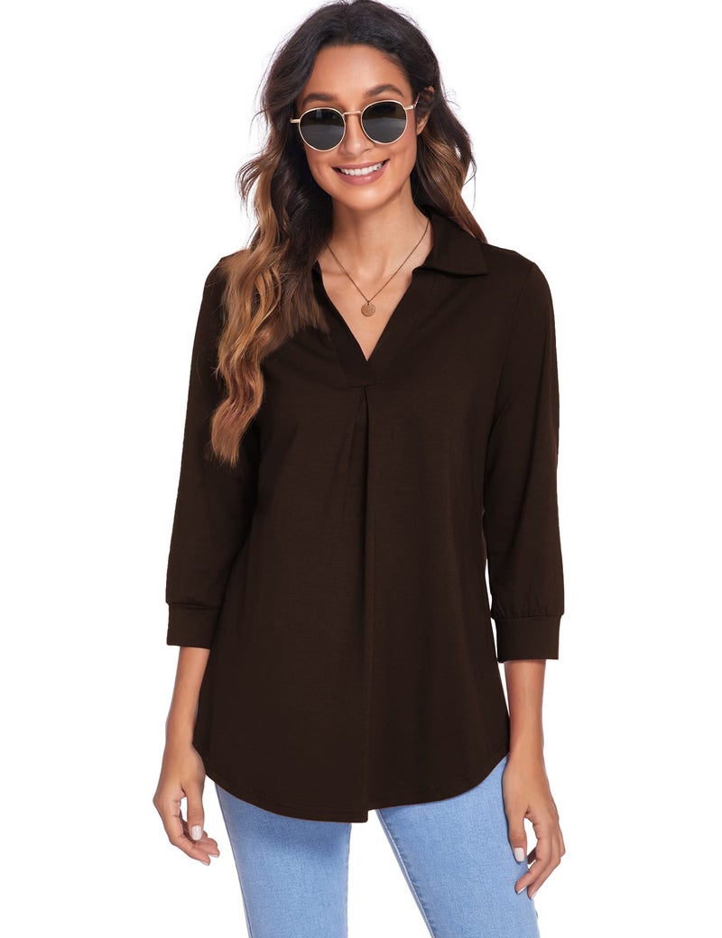 Newchoice Women's Office Professional Business Casual Tops Loose Fitting V Neck 3/4 Sleeve Shirts Ladies Classy Dressy Blouses (Brown, XL) - Image 4