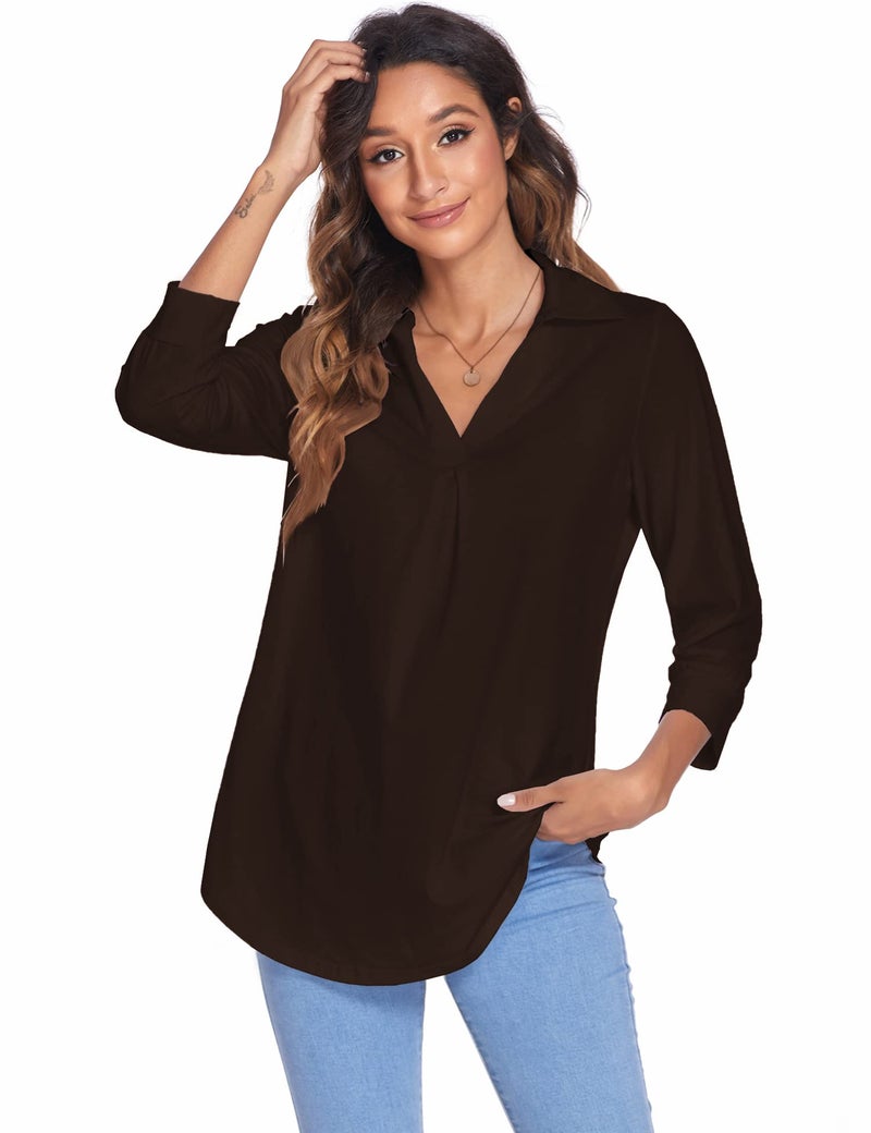 Newchoice Women's Office Professional Business Casual Tops Loose Fitting V Neck 3/4 Sleeve Shirts Ladies Classy Dressy Blouses (Brown, XL) - Image 2
