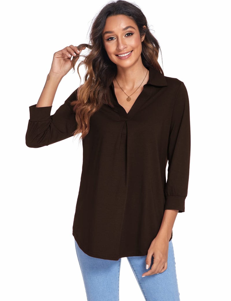 Newchoice Women's Office Professional Business Casual Tops Loose Fitting V Neck 3/4 Sleeve Shirts Ladies Classy Dressy Blouses (Brown, XL) - Image 3