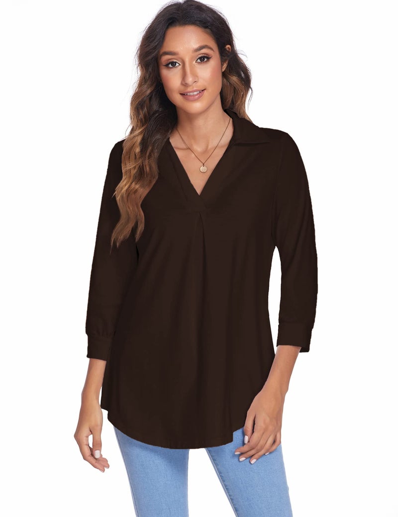 Newchoice Women's Office Professional Business Casual Tops Loose Fitting V Neck 3/4 Sleeve Shirts Ladies Classy Dressy Blouses (Brown, XL) - Image 5
