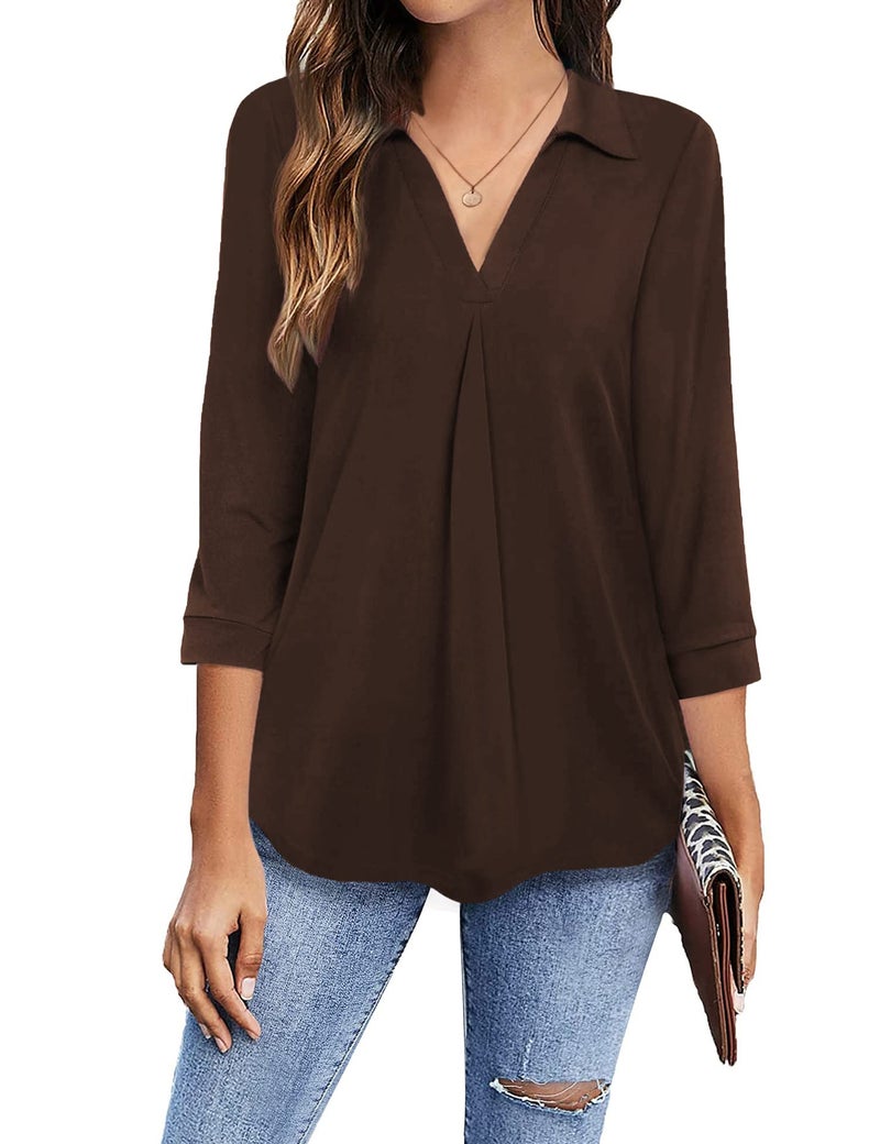 Newchoice Women's Office Professional Business Casual Tops Loose Fitting V Neck 3/4 Sleeve Shirts Ladies Classy Dressy Blouses (Brown, XL) - Image 1
