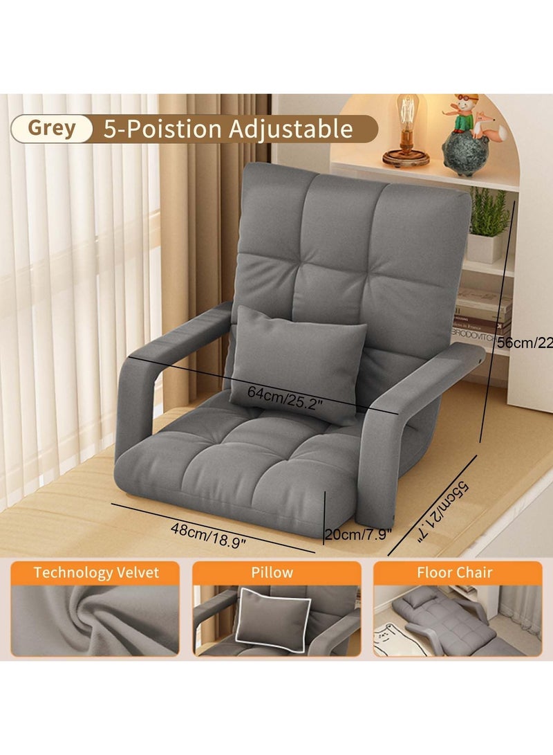 Generic Floor Chair with Arms Adjustable Sitting Angle,Adjustable Floor Chaise Lounge Sofa, Folding Lazy Sofa with Armrests and a Pillow Padded Gaming Chair for Living Room, Bedroom (Grey) - Image 3