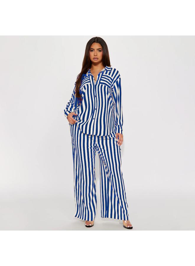 Plus Size Women's Two-piece Fashion Casual Loose Out Striped Button Shirt Trousers Suit