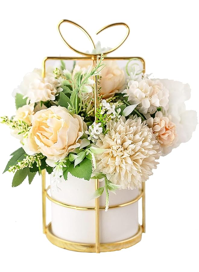 إيروريكس زهور صناعية زهور صناعية في مزهرية للمنزل زهرة الفاوانيا الحريرية مع مزهرية خزفية زرقاء نباتات صناعية صغيرة مزيفة لطاولة الزفاف المركزية طاولة بجانب السرير ديكور مكتب منزلي أبيض - Image 1