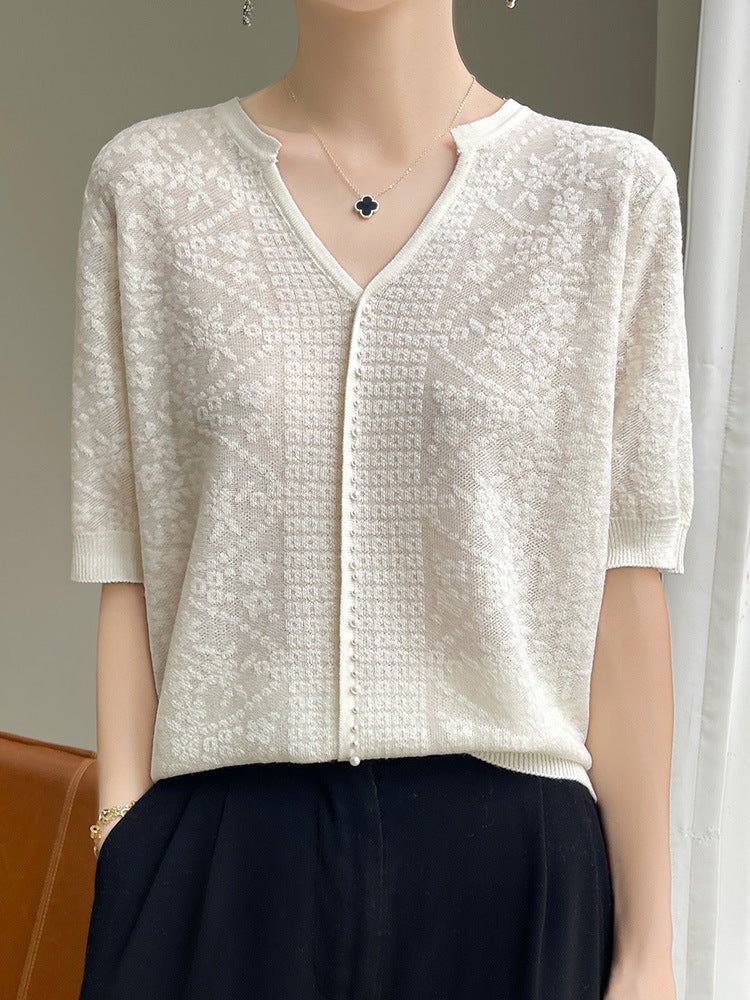 2024 Tencel Casual All-Match Short-Sleeved T-Shirt Women'S V Design Fashion All-Match Hollow Crochet Knitted - Image 2