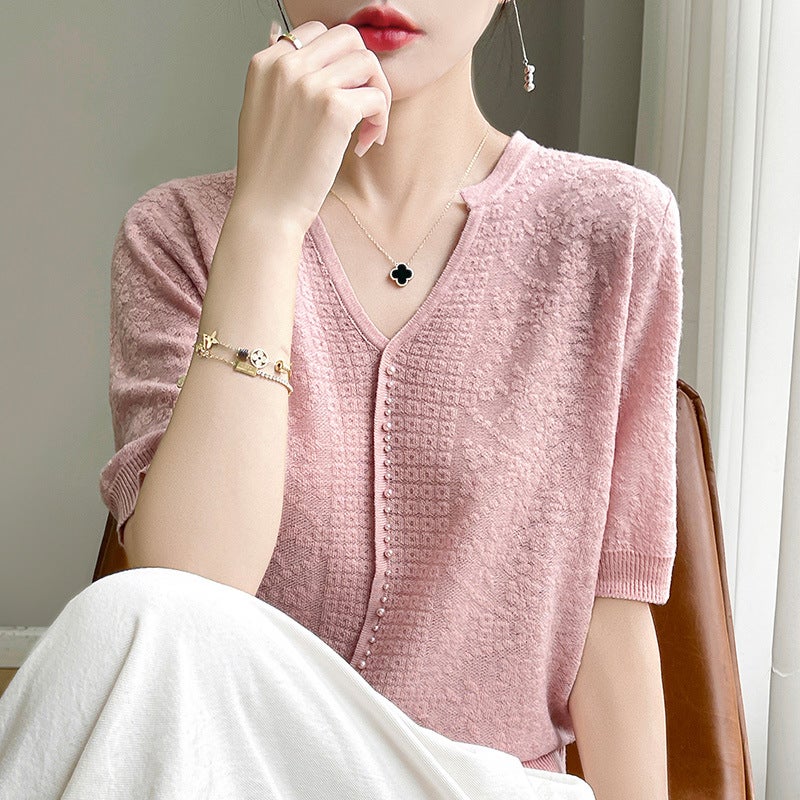 2024 Tencel Casual All-Match Short-Sleeved T-Shirt Women'S V Design Fashion All-Match Hollow Crochet Knitted - Image 1