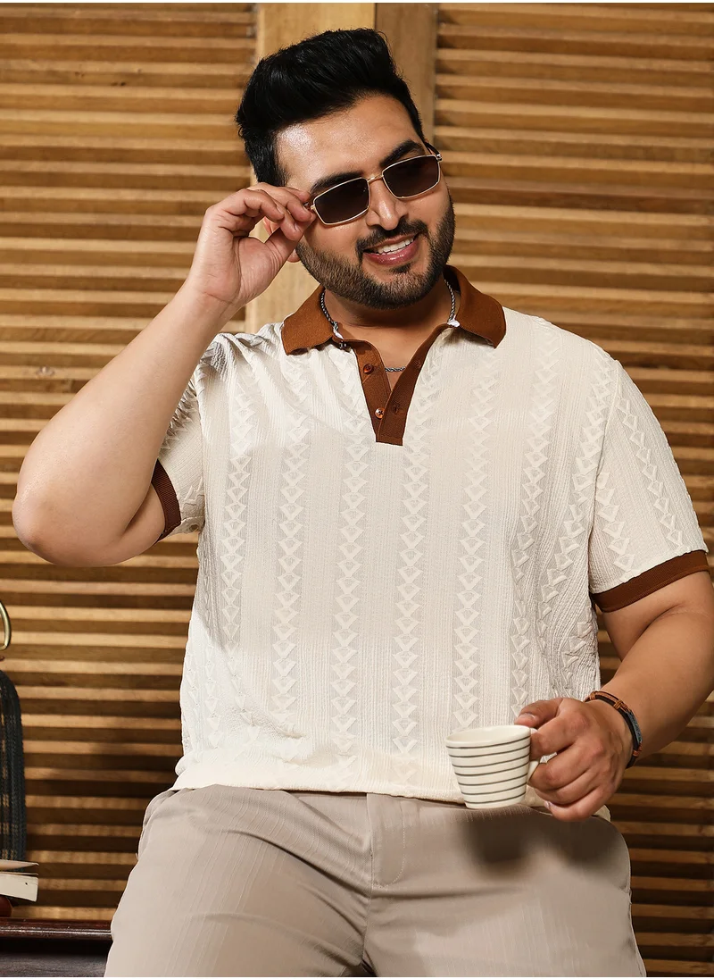 انستافاب بلس Instafab Plus Men's White & Brown Arc-Tactile Polo T-Shirt For Casual Wear | Polo Neck | Short Regular Sleeves | Half-Button Closure | Plus Size T-Shirt Crafted With Comfort Fit For Everyday Wear