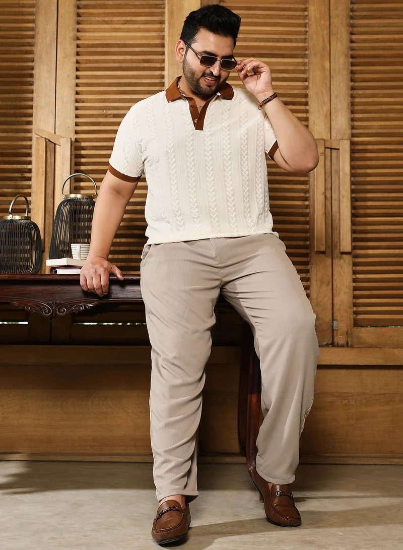 انستافاب بلس Instafab Plus Men's White & Brown Arc-Tactile Polo T-Shirt For Casual Wear | Polo Neck | Short Regular Sleeves | Half-Button Closure | Plus Size T-Shirt Crafted With Comfort Fit For Everyday Wear