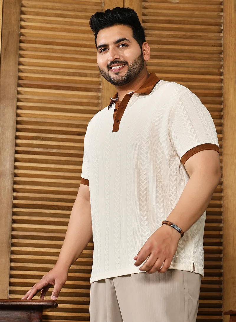 انستافاب بلس Instafab Plus Men's White & Brown Arc-Tactile Polo T-Shirt For Casual Wear | Polo Neck | Short Regular Sleeves | Half-Button Closure | Plus Size T-Shirt Crafted With Comfort Fit For Everyday Wear