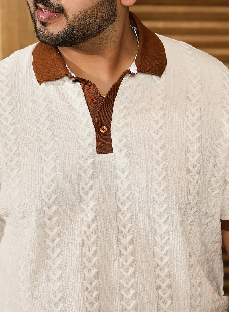 انستافاب بلس Instafab Plus Men's White & Brown Arc-Tactile Polo T-Shirt For Casual Wear | Polo Neck | Short Regular Sleeves | Half-Button Closure | Plus Size T-Shirt Crafted With Comfort Fit For Everyday Wear