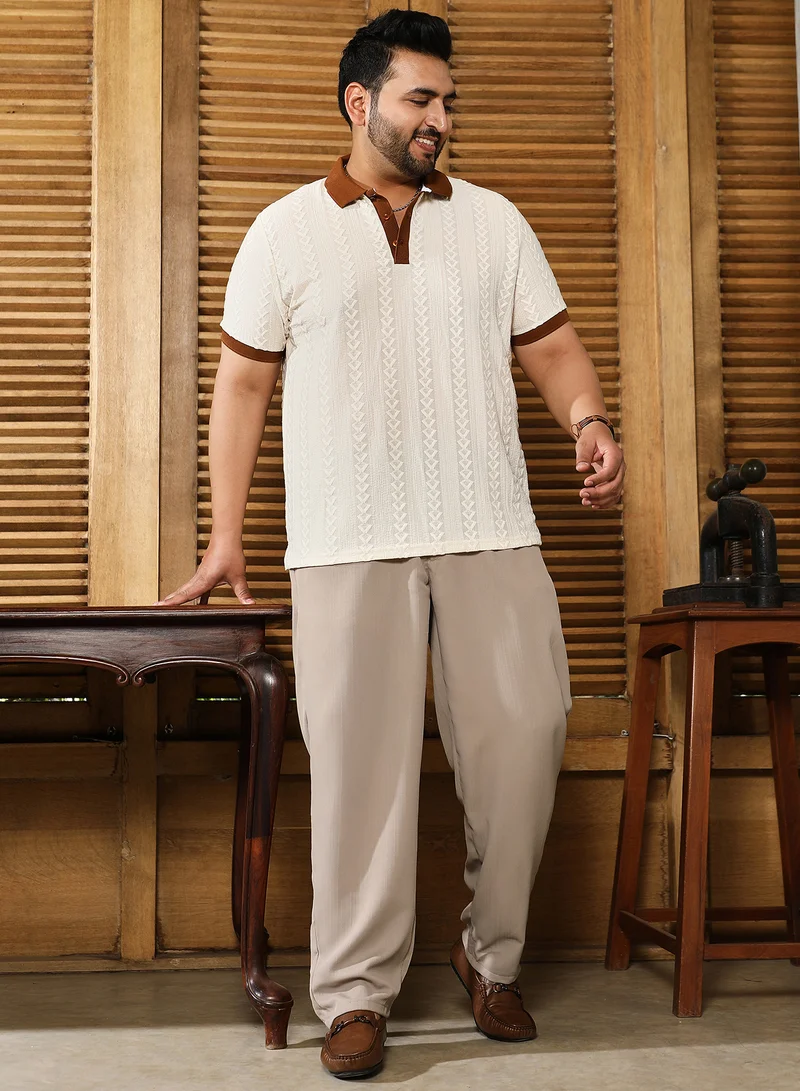انستافاب بلس Instafab Plus Men's White & Brown Arc-Tactile Polo T-Shirt For Casual Wear | Polo Neck | Short Regular Sleeves | Half-Button Closure | Plus Size T-Shirt Crafted With Comfort Fit For Everyday Wear