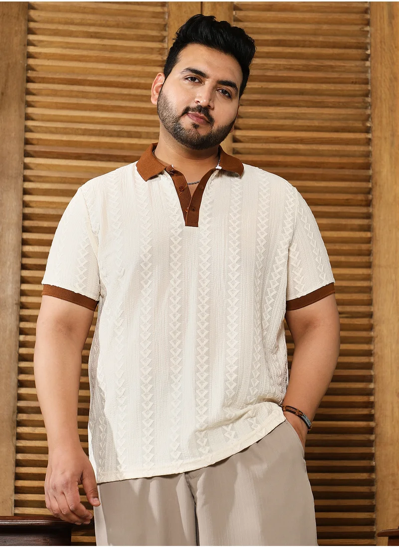 انستافاب بلس Instafab Plus Men's White & Brown Arc-Tactile Polo T-Shirt For Casual Wear | Polo Neck | Short Regular Sleeves | Half-Button Closure | Plus Size T-Shirt Crafted With Comfort Fit For Everyday Wear