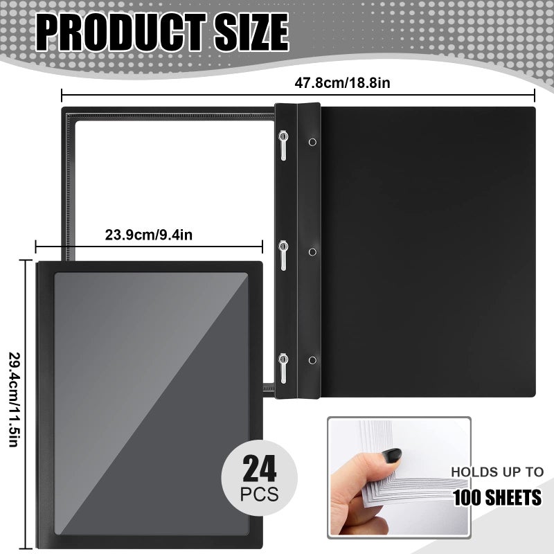 Teling 24 Pcs Report Covers with 3 Prong Fasteners Clear Front Presentation Folders Frame View Poly Report Folder Presentation Binder for Paper Document School Office (Black) - Image 2