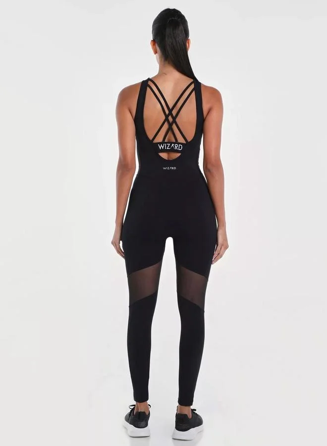 Wizard Women Black Vent Racy Plain Criss Cross Back Jumpsuit