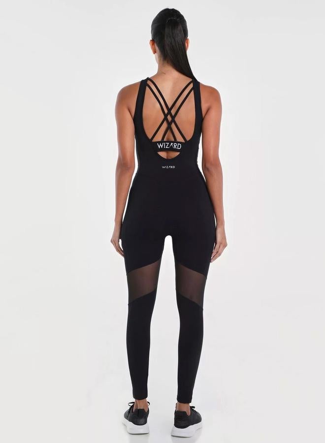 Wizard Women Black Vent Racy Plain Criss Cross Back Jumpsuit - Image 2