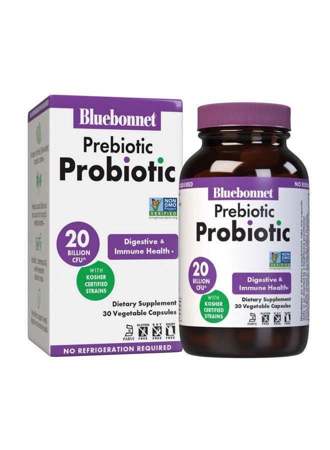 Bluebonnet Nutrition Prebiotic Probiotic 20 Billion CFU Shelf Stable - 5 Kosher Certified Strains - Digestion, Gut, & Immune* - Non-GMO, Gluten-Free, Soy-Free - 30 Vegetable Capsules, 30 Servings - Image 1