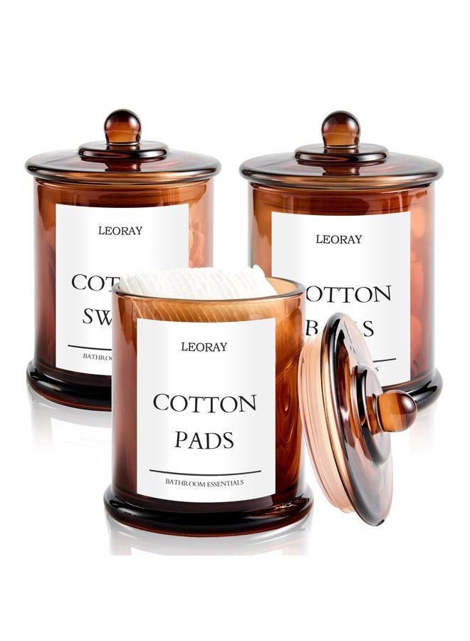 LEORAY 3 Pack Glass Qtip Holder Dispenser Bathroom Organizers with Lids, 16 Oz Vanity Organizer for Cotton Swabs, Balls, Pads, Floss Picks, Restroom Bedroom Kitchen Storage Jars, Amber - Image 1