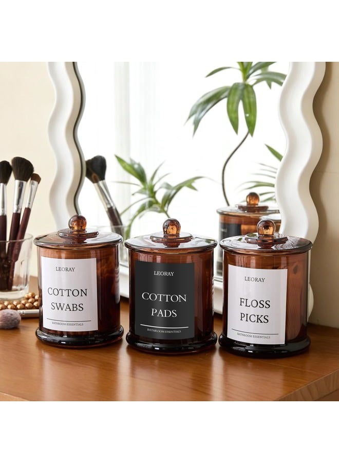 LEORAY 3 Pack Glass Qtip Holder Dispenser Bathroom Organizers with Lids, 16 Oz Vanity Organizer for Cotton Swabs, Balls, Pads, Floss Picks, Restroom Bedroom Kitchen Storage Jars, Amber - Image 3