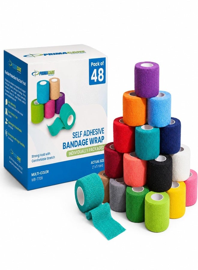 Primacare WB-7709 Self Adhesive Bandage Wrap 48 Pack, 2” x 5 Yards Cohesive Elastic Bandage Wrap, Multi Color Self Adherent Athletic Wrap Tape for Wrist, Ankle, Sports, First Aid, Vet and Pet Care - Image 1