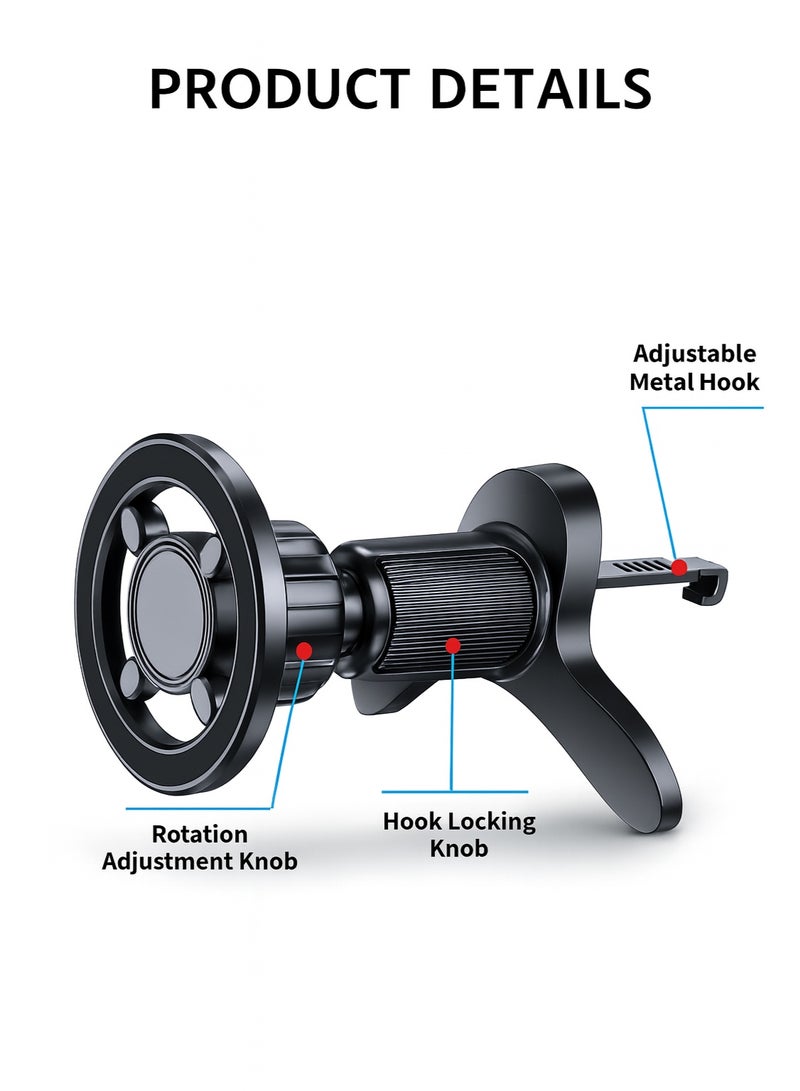 IKBEN Magnetic Car Phone Holder for Air Vent, Metal Hook Clip, 17pcs N52 Strong Magnets, One-Hand Operation, 360° Rotation, MagSafe Compatible with iPhone 15/16 Samsung S24, Includes 2 Magnetic Rings - Image 5