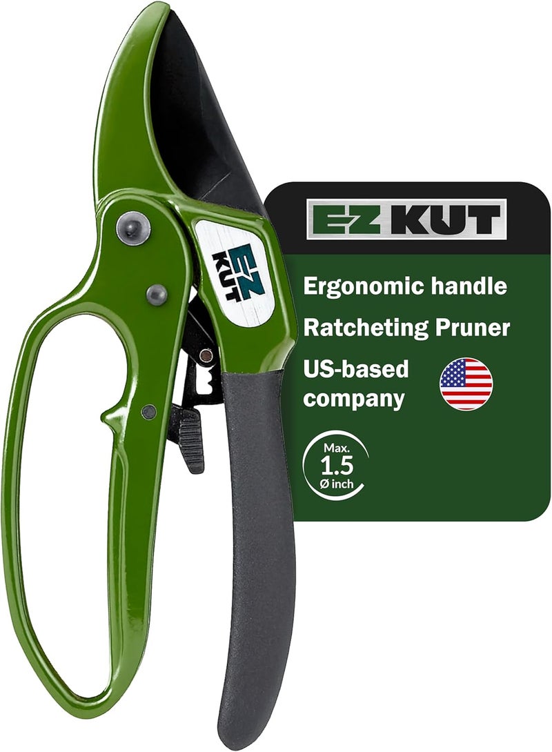 EZ Kut Heavy Duty Pruning Shears Green - with Ratcheting Action Great Garden Hand Tool Clippers Gardening pruners arthritis tools Ratcheting Anvil Hand Pruner Pruning Shears Heavy Duty Since 1988 - Image 1