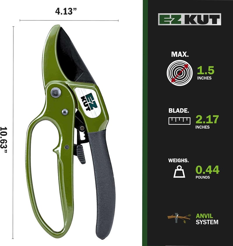 EZ Kut Heavy Duty Pruning Shears Green - with Ratcheting Action Great Garden Hand Tool Clippers Gardening pruners arthritis tools Ratcheting Anvil Hand Pruner Pruning Shears Heavy Duty Since 1988 - Image 5