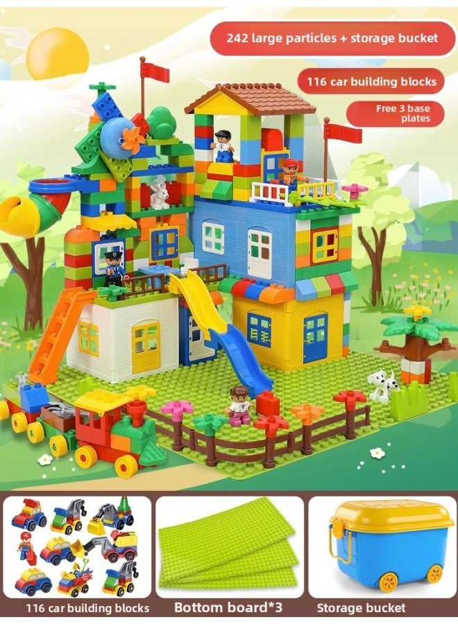 Variety Of Large Particles Building Blocks Assembled Children's Toys Slide Puzzle Boys And Girls Castle Slide Gift Puzzle Wholesale-Color:1036B [Barrel] 242 Large Particle Building Blocks +116 Car Bag +3 Bottom Plate  - Image 1