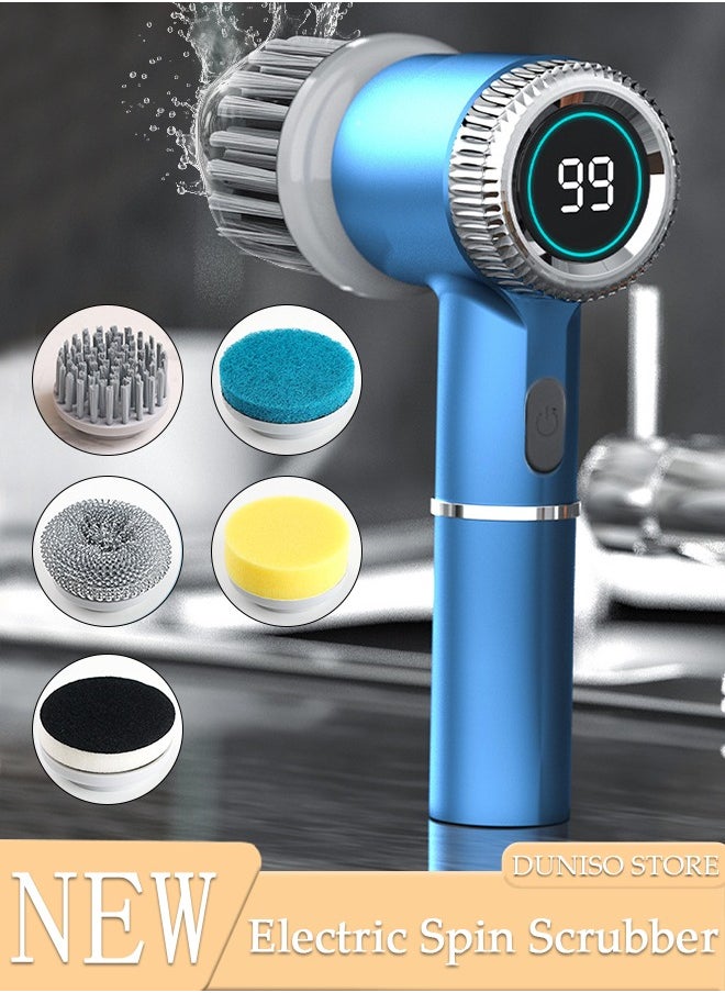 DUNISO - Electric Spin Scrubber, 5 in 1 Electric Bathroom Scrubber with 3 Adjustable Speed & 5 Replaceable Brush Heads, 360° Digital Electric Scrubber for Bathroom Bathtub Kitchen Floor Sink - Image 1