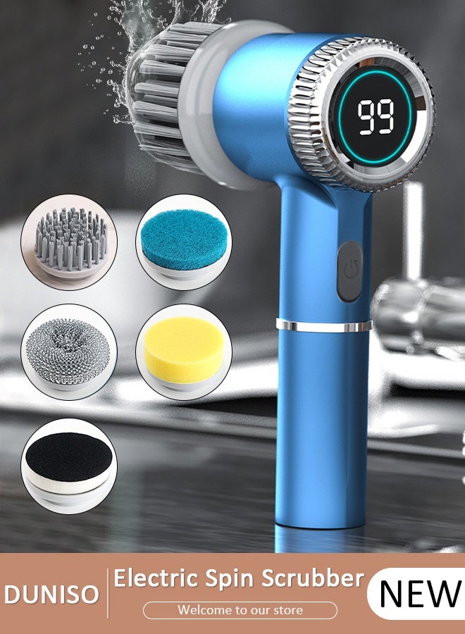 DUNISO Electric Spin Scrubber, 5 in 1 Electric Bathroom Scrubber with 3 Adjustable Speed & 5 Replaceable Brush Heads, 360° Digital Electric Scrubber for Bathroom Bathtub Kitchen Floor Sink - Image 1