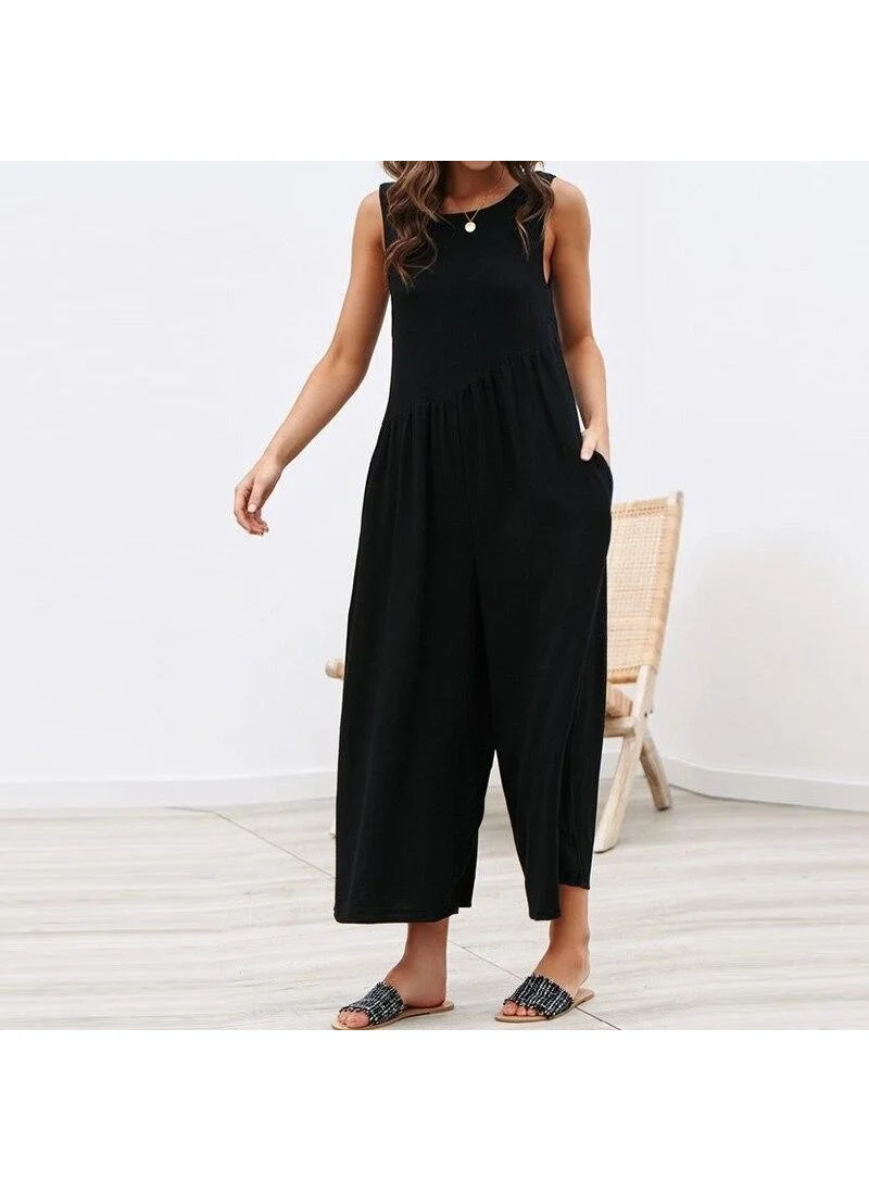 Barbora Linen Summer Casual Backless Casual Women's Jumpsuit LN212SIYAH10