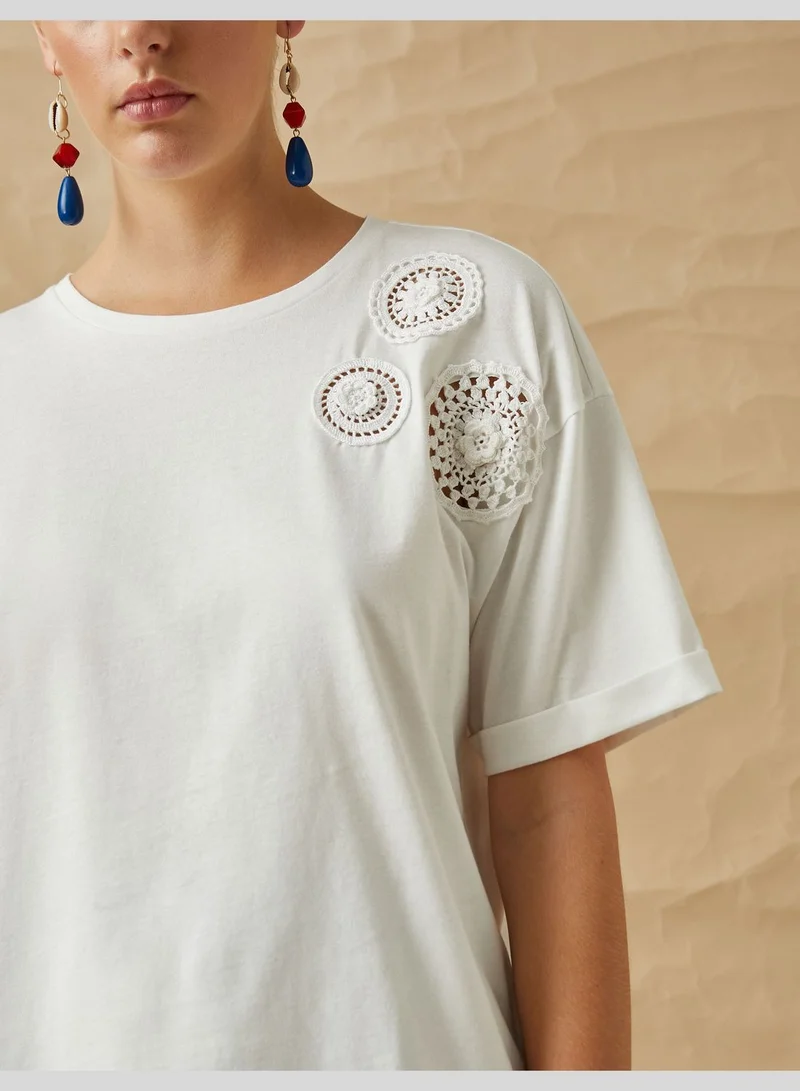 كوتون Crochet Knitted Detail Oversized T-Shirt