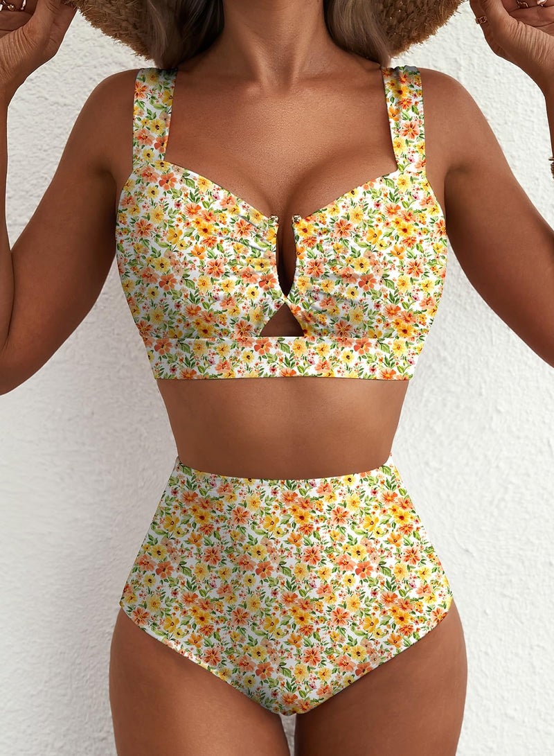 Herseas Women U Wire Cutout Bikini Sets Floral Print High Waisted Slimming 2 Piece Swim Suits Moderate Coverage Removable Padded Bathing Suit Cute Beach Vacation Clothes Yellow Green Floral Medium - Image 5