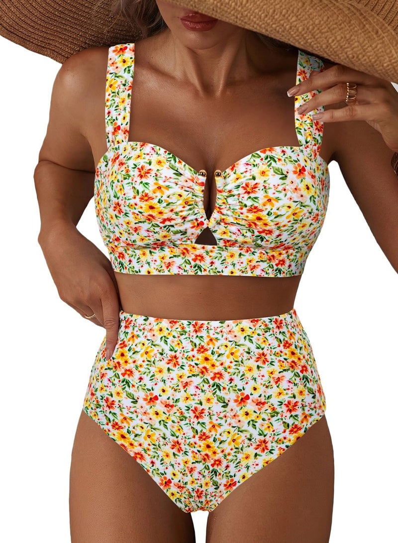 Herseas Women U Wire Cutout Bikini Sets Floral Print High Waisted Slimming 2 Piece Swim Suits Moderate Coverage Removable Padded Bathing Suit Cute Beach Vacation Clothes Yellow Green Floral Medium - Image 1