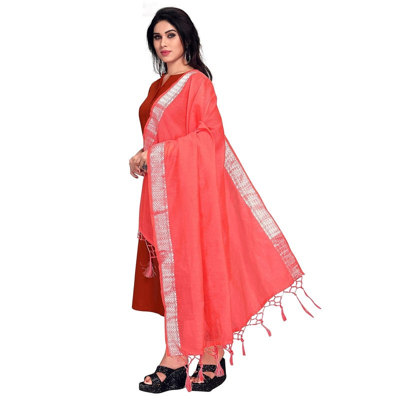 Sidhidata Women's Solid Cotton Dupatta with Silver Zari Design - Image 2