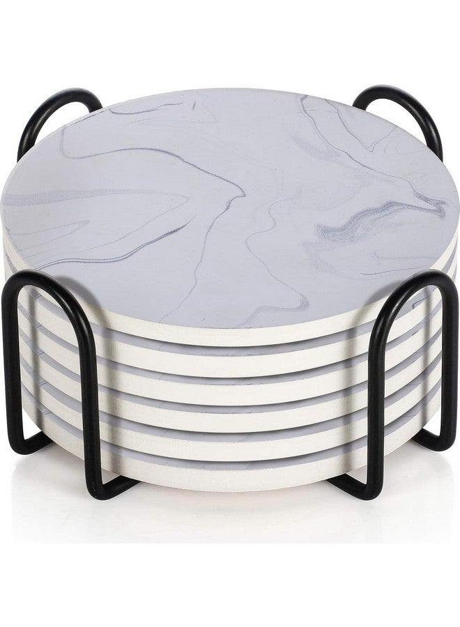Decor & More - Ceramic Coasters with Matt Finish On Top & Cork Base | Coasters for Cups Set of 6 | Marble Style Ceramic Coaster for Tea, Coffee Table & Dining Table with Metal Holder - Image 1