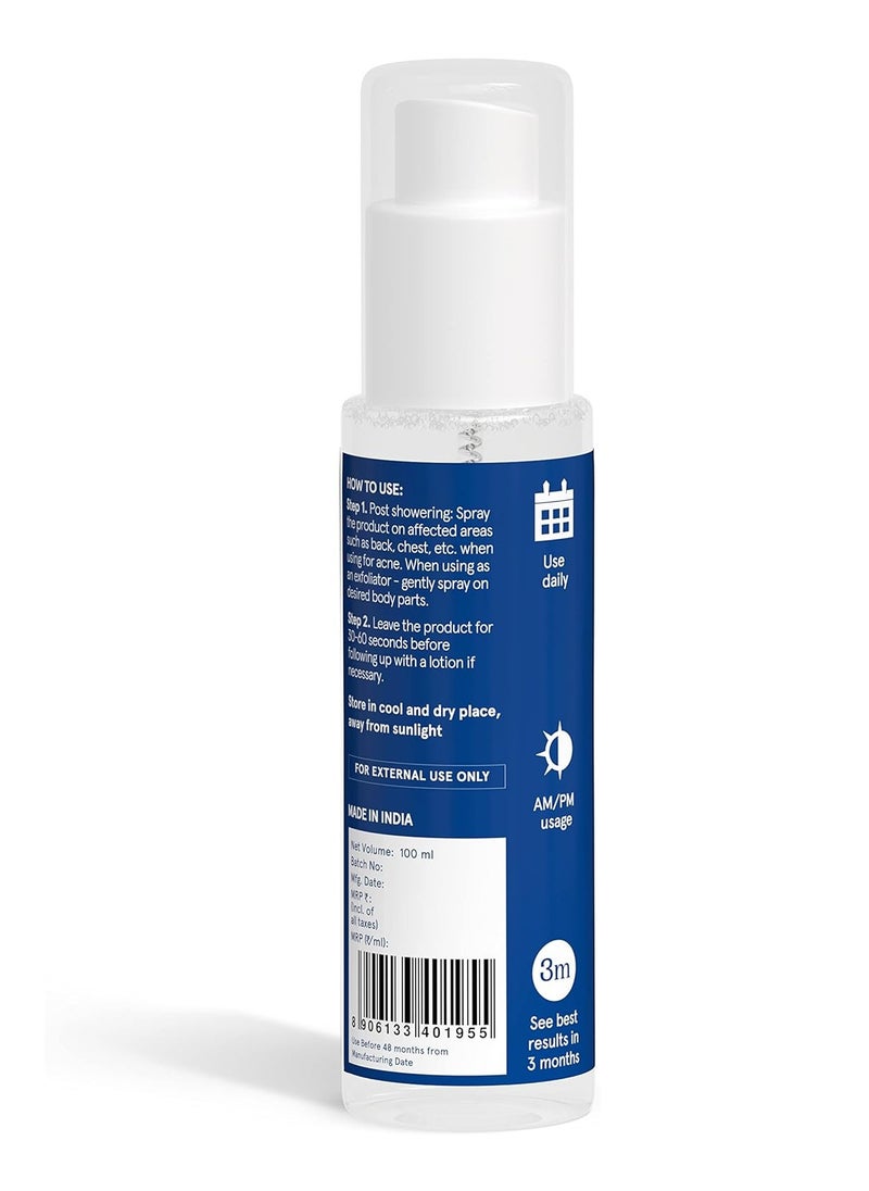 Be Bodywise - Be Bodywise 3% AHA BHA Back & Body Spray 100ml | For Bacne, Acne Breakouts & Bumps on Shoulders & Back | 2% Salicylic Acid, 1% Glycolic Acid & Cica Extract | Sulphate & Paraben-Free - Image 1