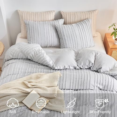 WARMDERN Light Grey Striped Duvet Cover Set, Boho Textured Tufted Bedding, 2 Piece Twin Size Washed Microfiber Duvet with Zipper Closure & Corner Ties (Twin, Light Grey) - Image 3