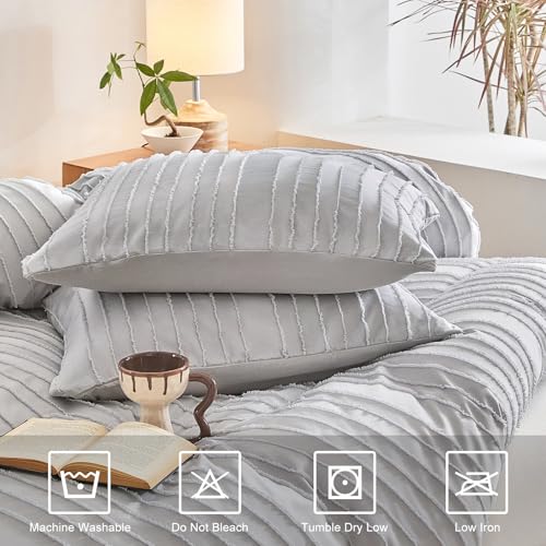 WARMDERN Light Grey Striped Duvet Cover Set, Boho Textured Tufted Bedding, 2 Piece Twin Size Washed Microfiber Duvet with Zipper Closure & Corner Ties (Twin, Light Grey) - Image 4