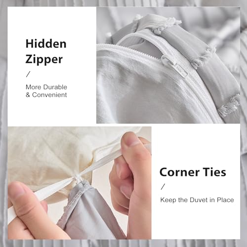 WARMDERN Light Grey Striped Duvet Cover Set, Boho Textured Tufted Bedding, 2 Piece Twin Size Washed Microfiber Duvet with Zipper Closure & Corner Ties (Twin, Light Grey) - Image 5