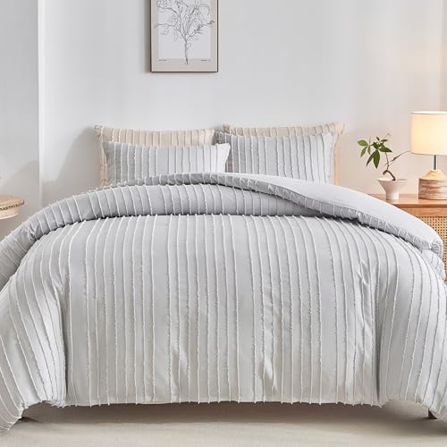 WARMDERN Light Grey Striped Duvet Cover Set, Boho Textured Tufted Bedding, 2 Piece Twin Size Washed Microfiber Duvet with Zipper Closure & Corner Ties (Twin, Light Grey) - Image 1