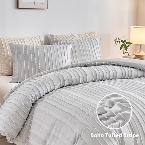 WARMDERN Light Grey Striped Duvet Cover Set, Boho Textured Tufted Bedding, 2 Piece Twin Size Washed Microfiber Duvet with Zipper Closure & Corner Ties (Twin, Light Grey) - Image 2